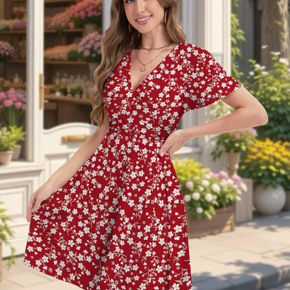 Women Summer Floral Sundress Plus Size Wrap V-Neck Ruffle Short Sleeves - Picture 4 of 6